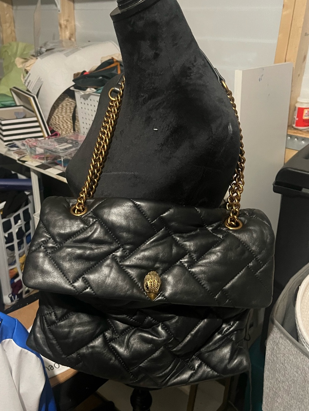 Kurt Geiger Black Quilted Shoulder Bag with Antique Gold Chain